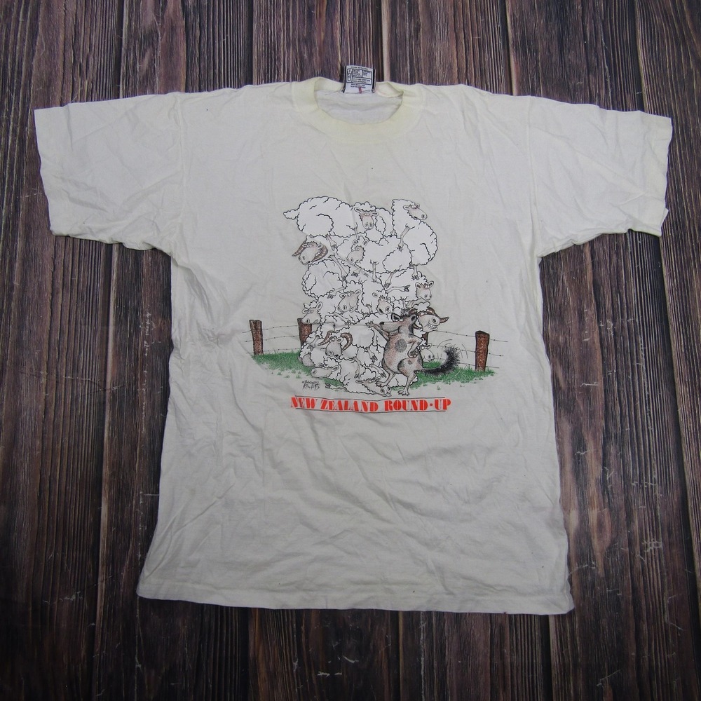 Vintage Dolphin New Zealand Round-Up Shirt Mens Medium White Single Stitch Tee